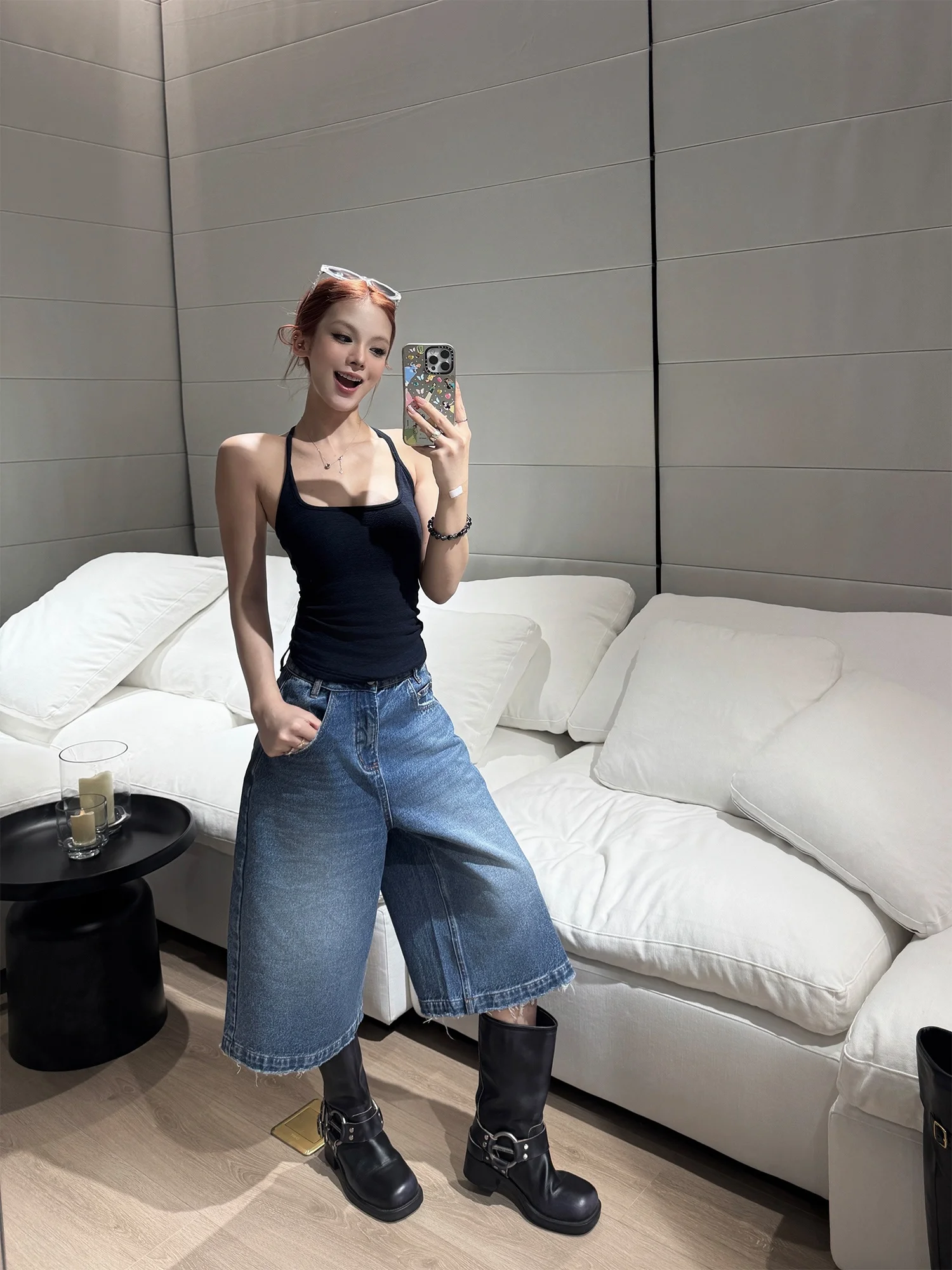 Classic Retro Washed Denim Wide Leg Jeans Casual Comfortable Cotton Pants for Young Women Blue Color Natural Waist Zipper Fly
