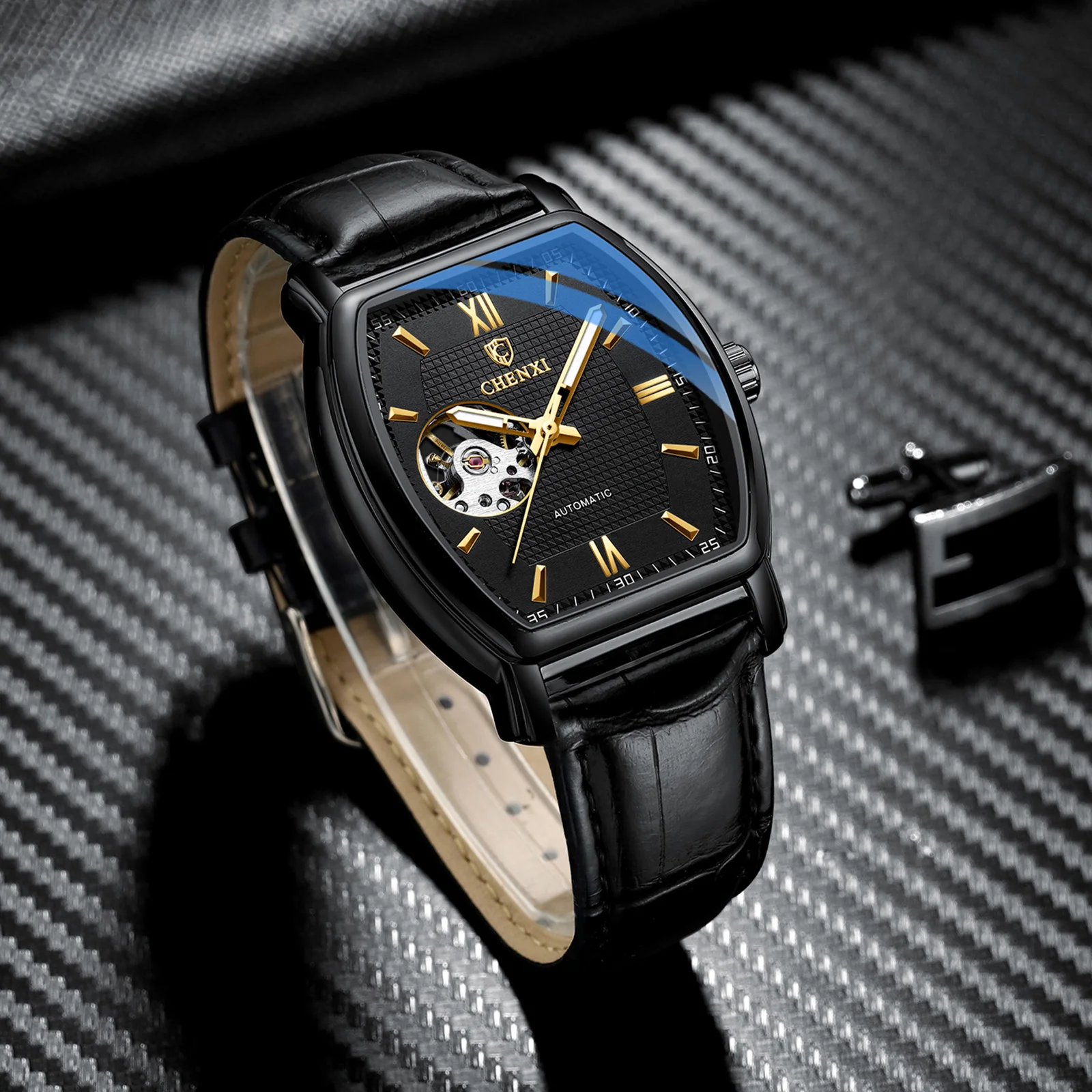 Automatic Mechanical Skeleton Man Watch Fashion Luxury CHENXI Watches For Men Business Leather Waterproof Tonneau Wristwatch
