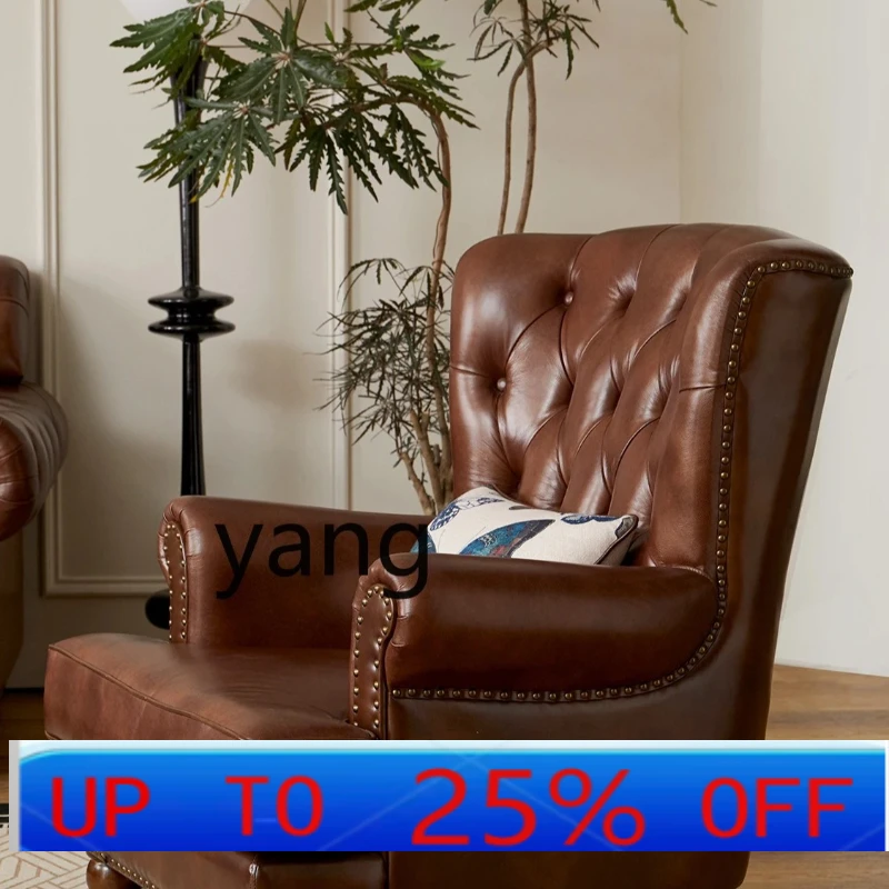 LMM American Retro First Layer Cowhide Armchair Leather Single Sofa Living Room Bedroom Furniture Recliner