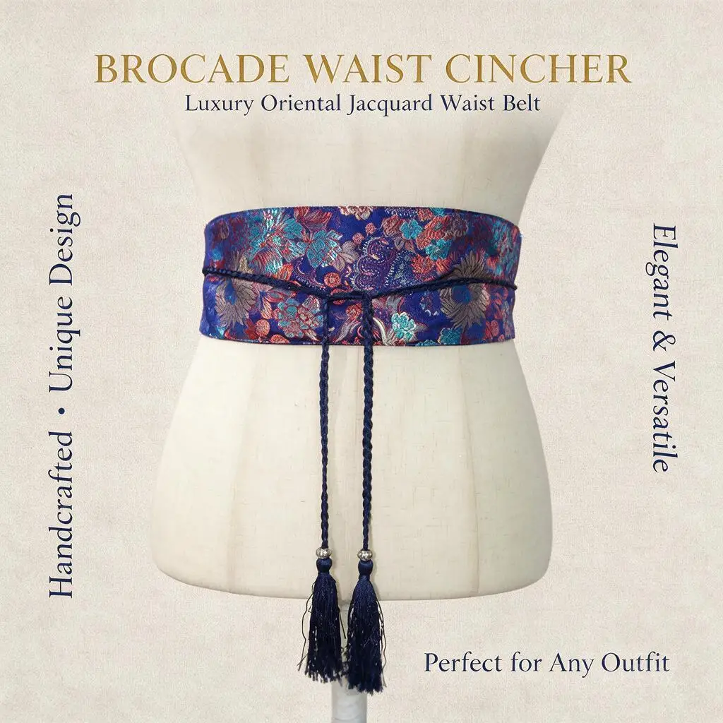 Reversible Double Peony Brocade Wide Waist Belt Vintage Chinese Style Embroidered Satin Tassel Obi Cincher For Hanfu Retro Women