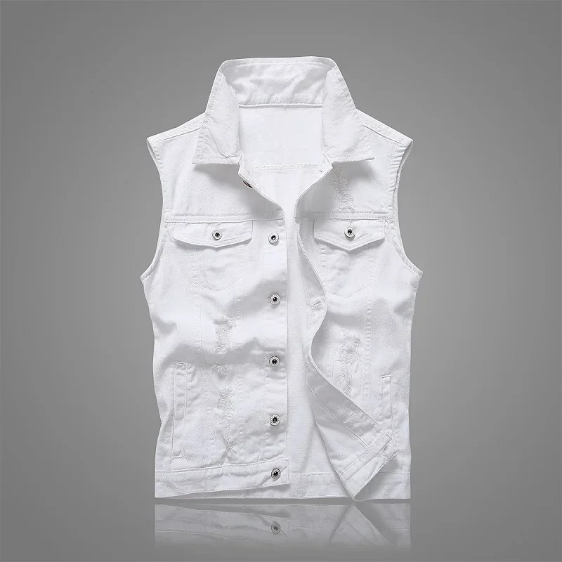 

Summer Mens Ripped Denim Vest Male Tank Top Washed Jeans Waistcoat Man Retro Cowboy Hip Hop White Sleeveless Jacket