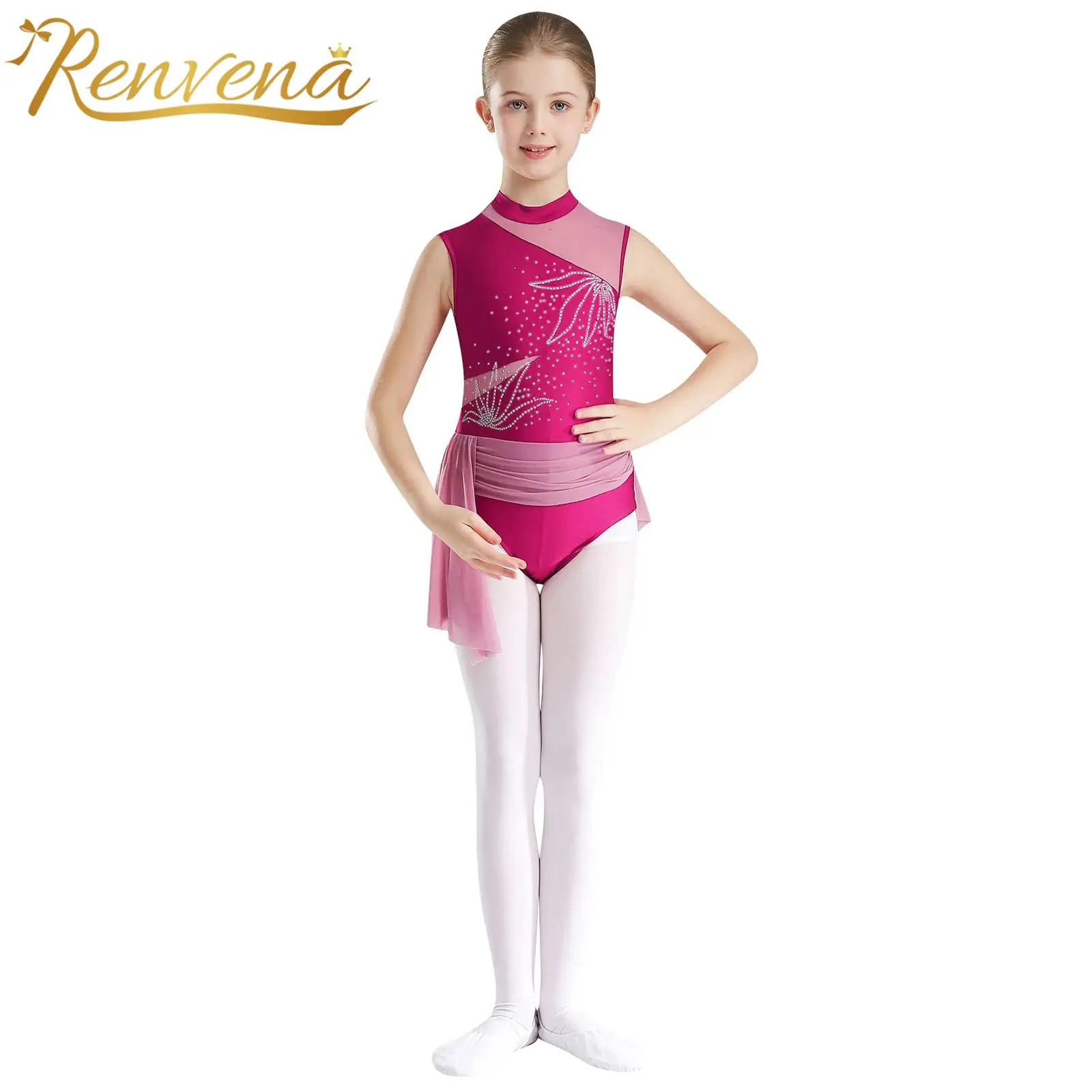 Kids Girls Shiny Rhinestone Ballet Dance Gymnastics Figure Skating Skirted Leotard Costume Sheer Mesh Cutout Back Bodysuit