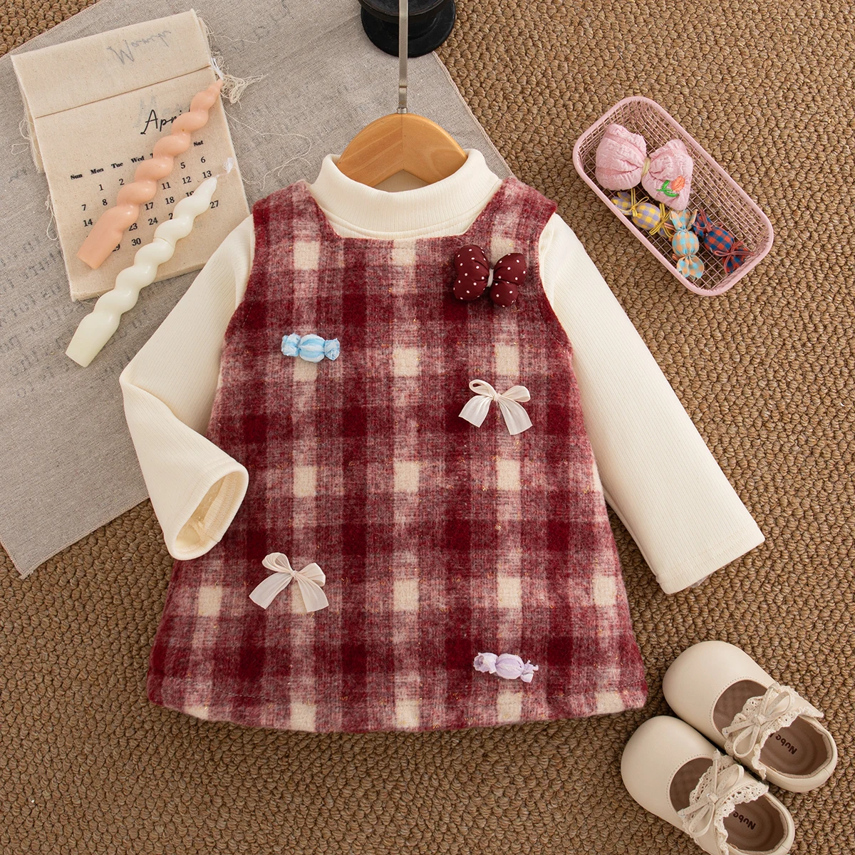 

Autumn Winter Baby Girl New Set Korean Style Two Pieces Shirt with Bow Red Plaid Sleeveless Dress Plush Thicken