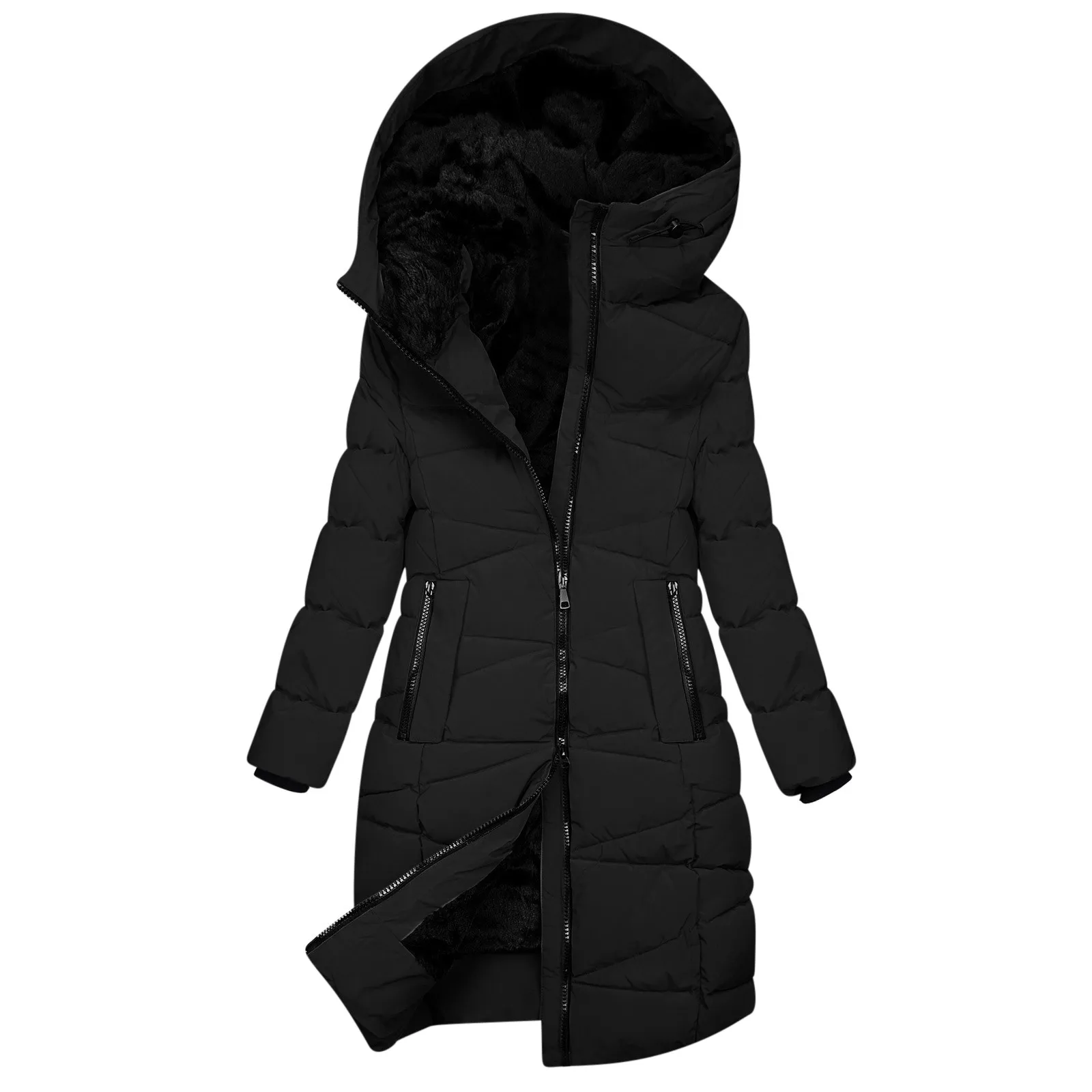 Women's Mid Length Down Coat Hooded Fleece Lined for Warmth Comfort Fleece Lined Padded Outerwear Coats Women Jackets