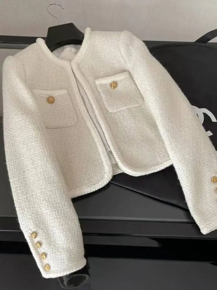

Small Fragrant White Tweed Short Coat For Women Autumn And Winter Korean Fashion Long Sleeve Round Neck Woolen Jackets
