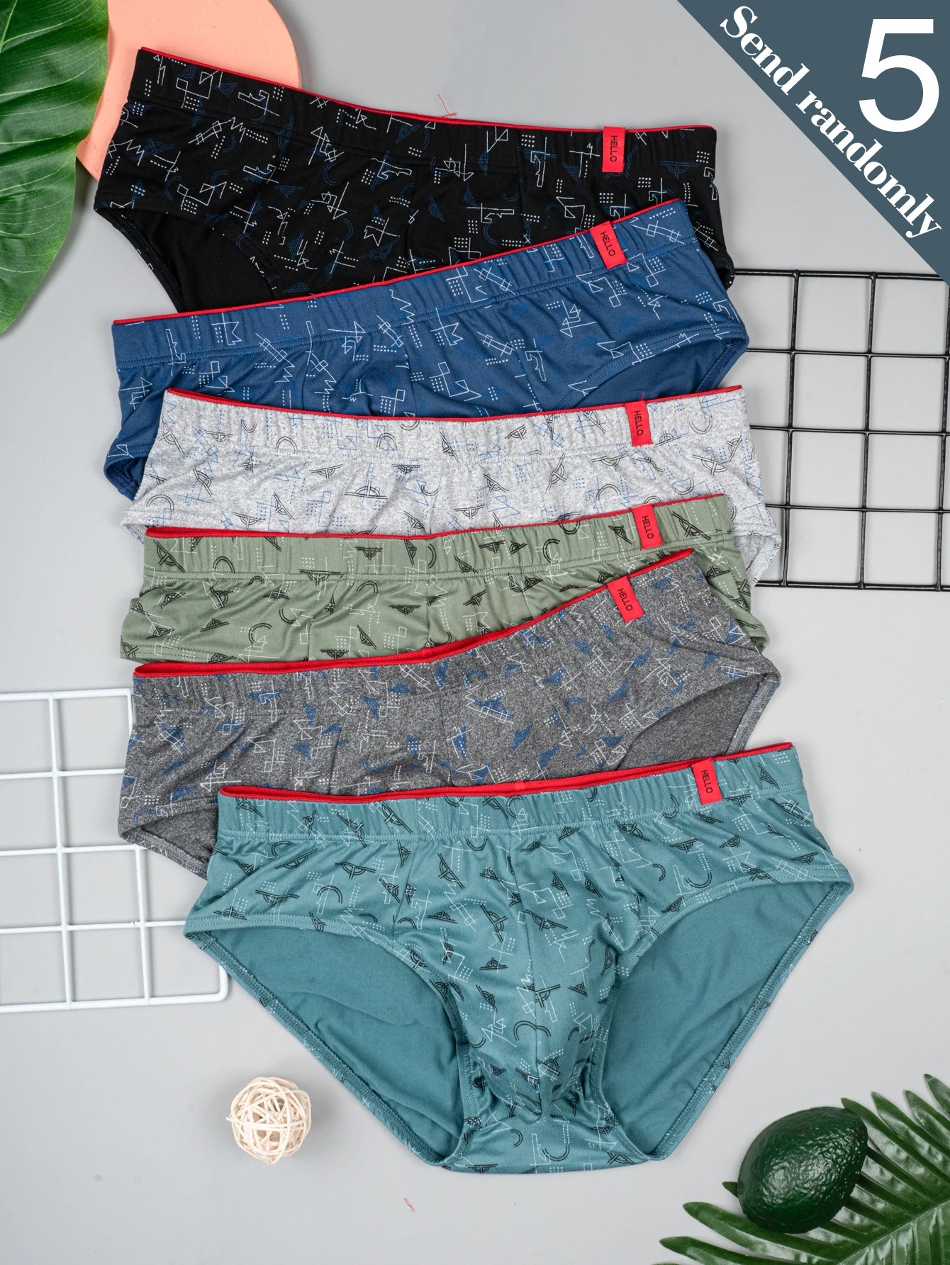 

[Мужские трусы] Набор из 5 мужских трусов нового дизайна с разными принтами, дышащие и удобные, подходят для повседневной носки, стильные и модные, подходят для всех сезонов, мягкие и облегающие мужские трусы.