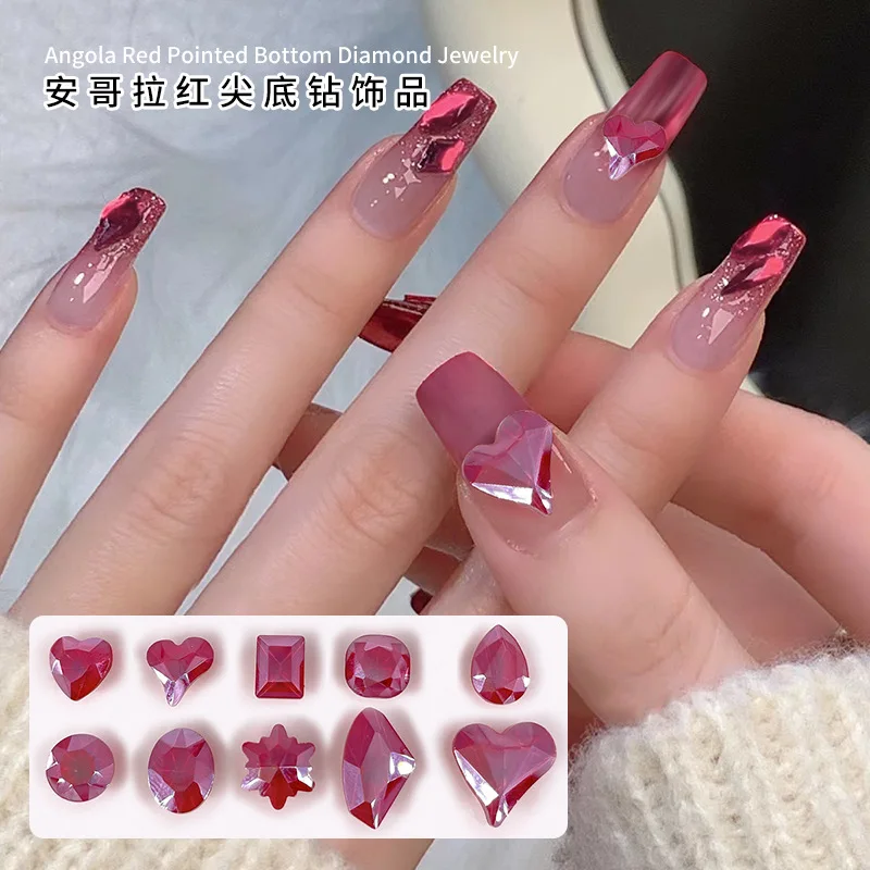 30PCS Vintage Ancora Red Sharp Diamonds Love Square Axe Drop Crystal Nail Art Rhinestones Jewel Decorations Manicure Ornaments