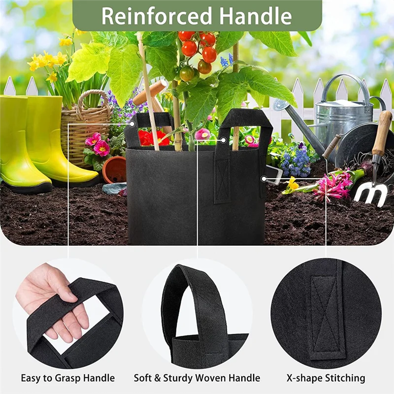 Bolsa de fieltro para plantas, paquete de 12 bolsas de cultivo de 5 galones, bolsas para maceteros de tela gruesa para verduras, asas resistentes y costuras reforzadas