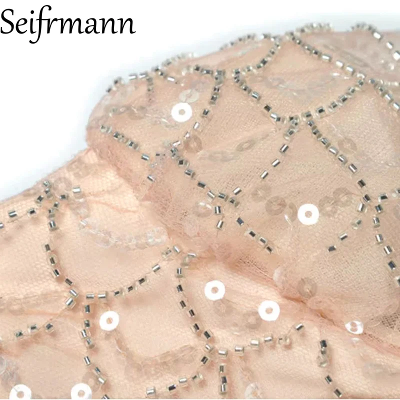 Seifrmann round neck long sleeved sequined nail bead waist cinched mesh princess style long dress 2025 autumn