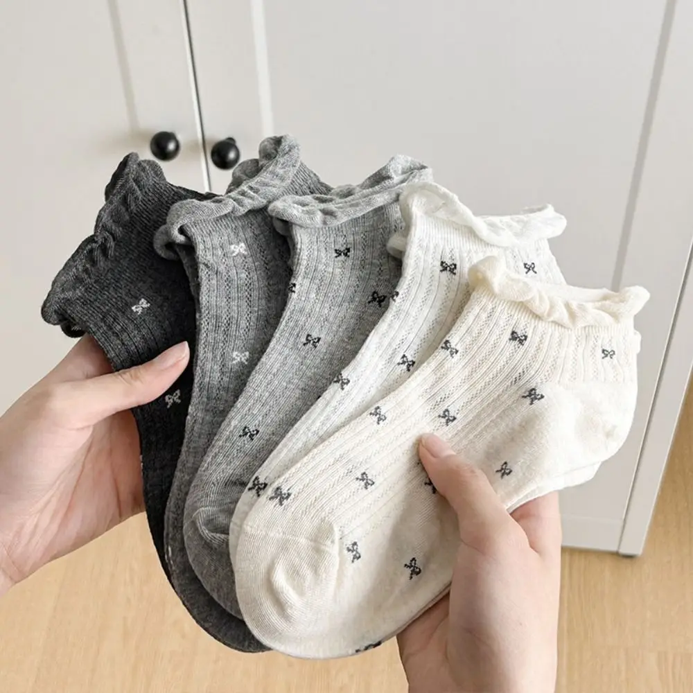 

5Pairs Fashion Mesh Bow Short Socks Ruffle Breathable Sweet Ankle Socks Female Hosiery Ballet Style Tube Socks Women Streetwear