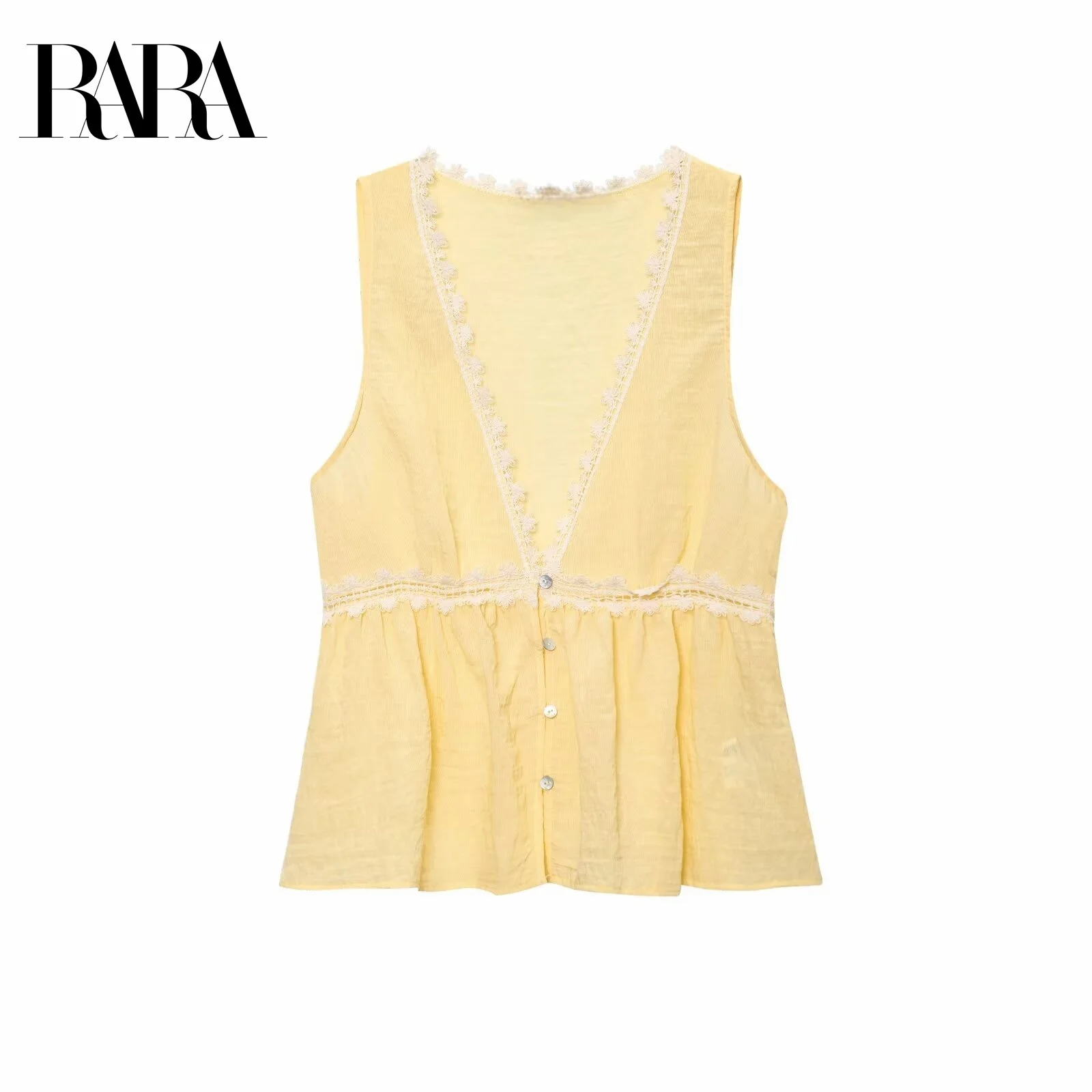 

RARA Women's Summer New Lace Trim Decorated Casual Elegant V Neck Sleeveless Vest Top with Ruffle Hem