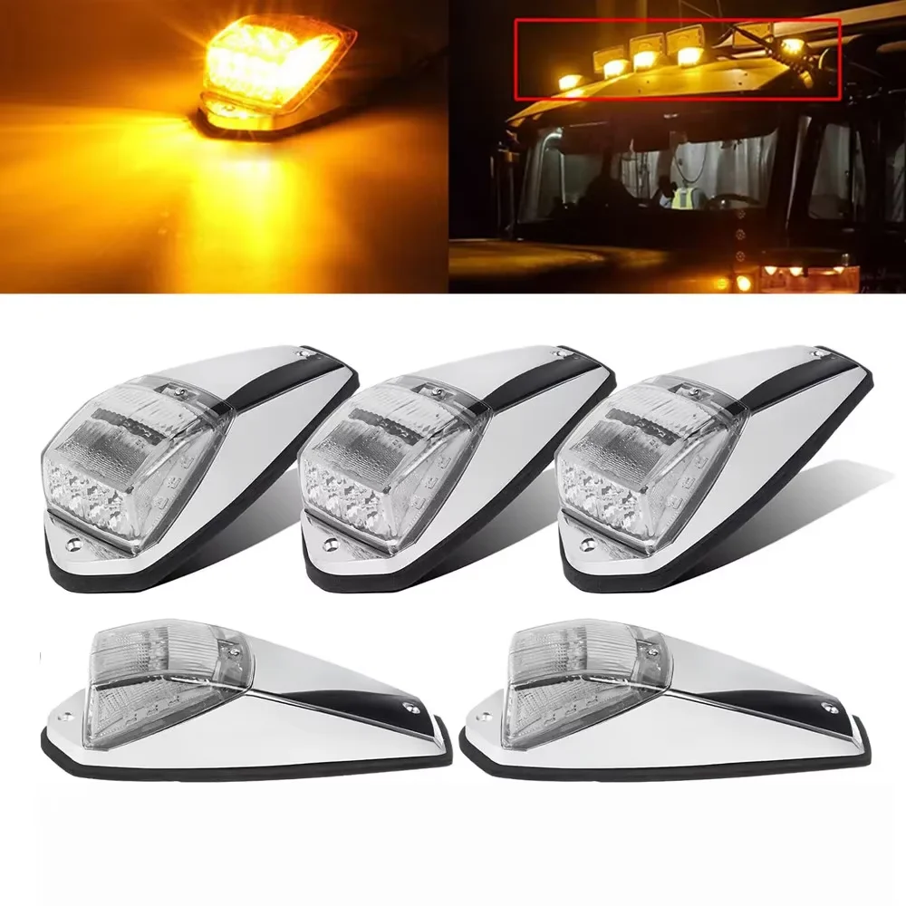 5PCS Truck Cab Marker Proof Light 17LED Ultra bright Top Roof Running Lights Trailer LED Roof Cab Markers Chrome Base