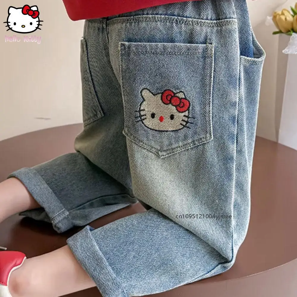 

2025 Sanrio Blue Casual Denim Pants Jeans for Kids Girl Spring Fashion Versatile Kids Clothing New Embroidery Cartoon Cute Pants