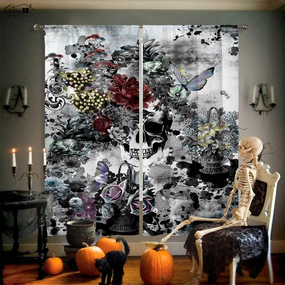 Halloween Christmas Retro Skull Rose Curtains Horror Tricky Secret Room Bedroom Holiday Decorative Curtains 2PCS