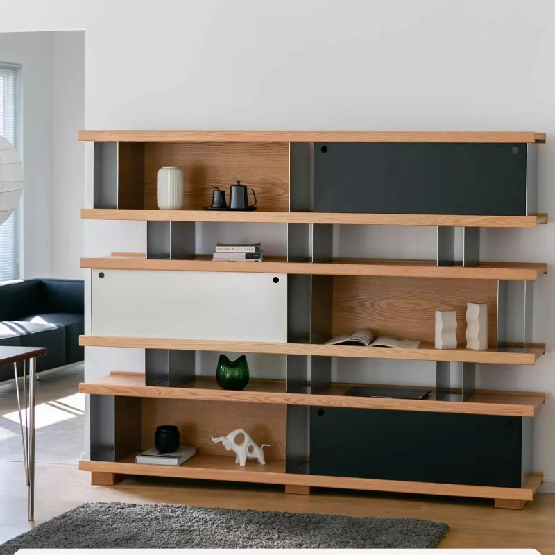 

Nordic Bauhaus solid wood stainless steel storage rack side cabinet