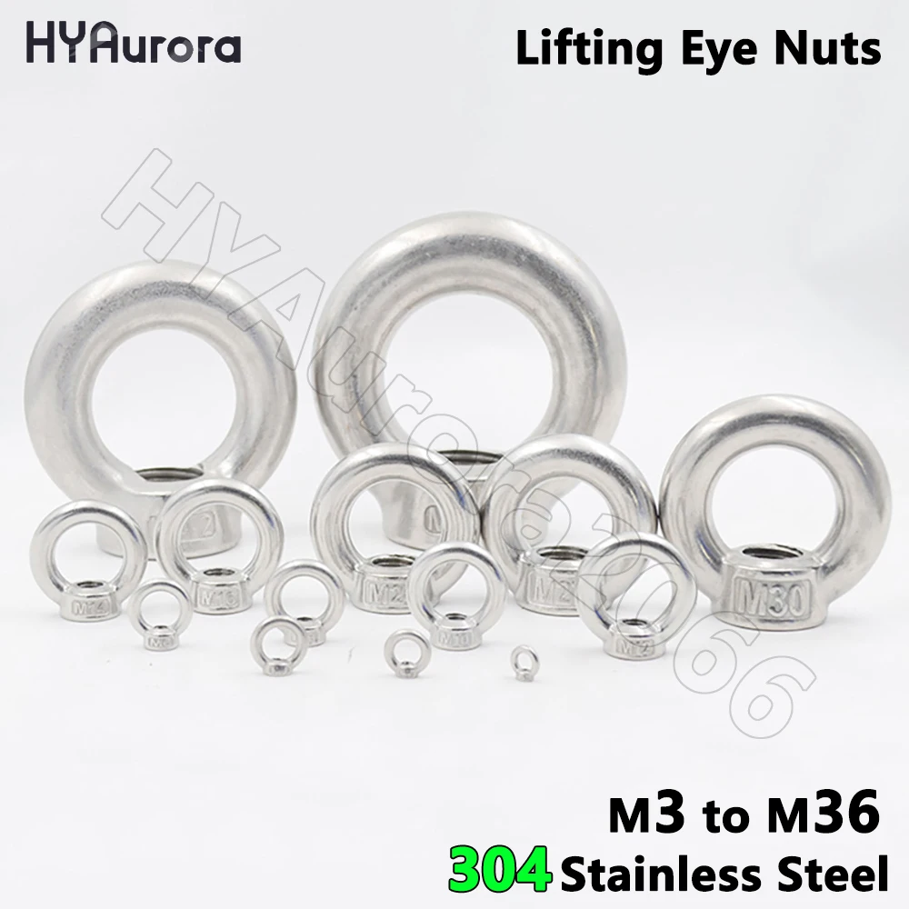 304 Lifting Eye Nuts Stainless Steel M3 to M36 EyeNuts Marine Hooking Nut for String Lights Wooden Pulleys Swing Rope Chain