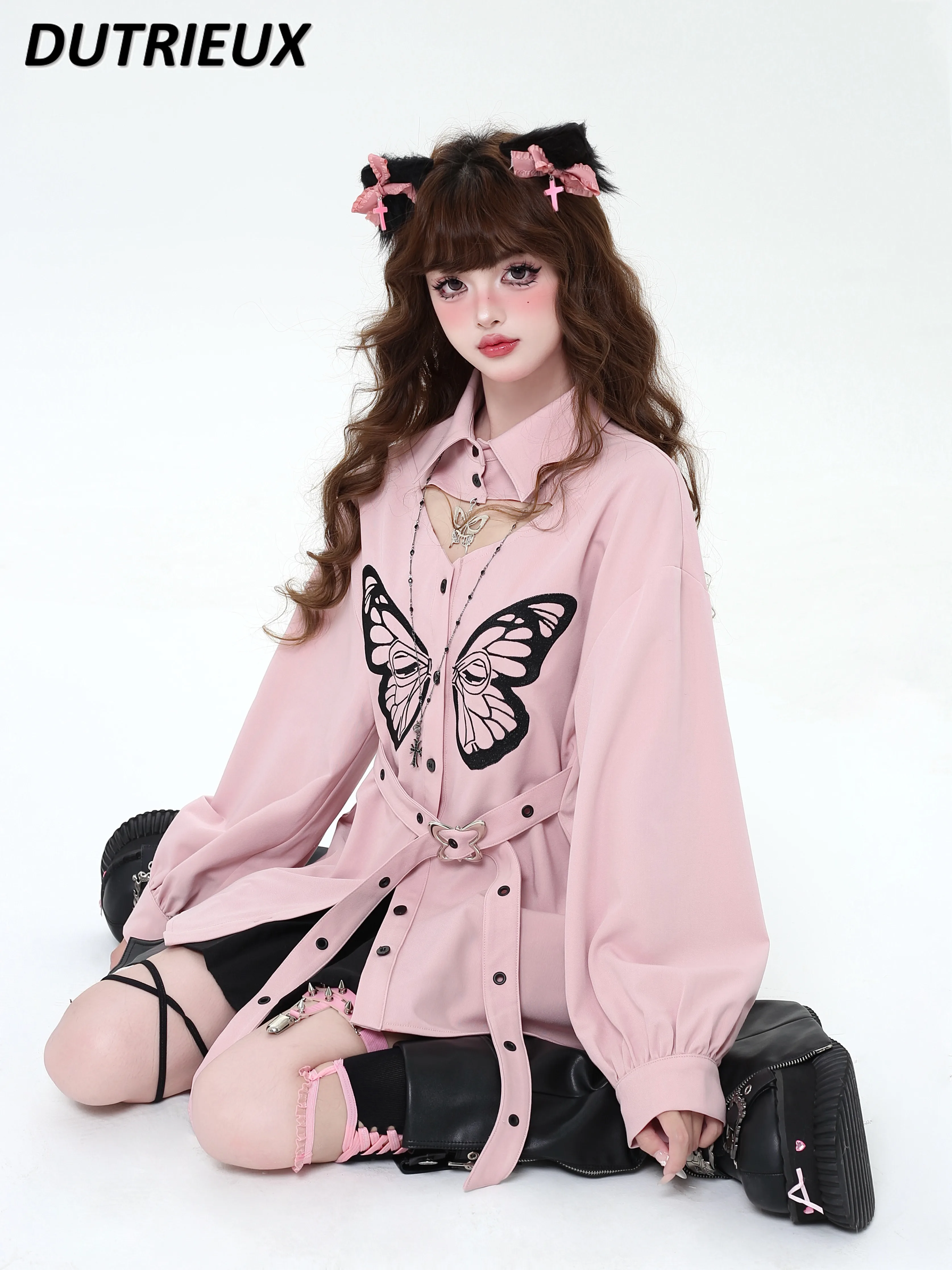 Spring Autumn New Original Sweet Cool Embroidered Butterfly Long-Sleeved Shirt Versatile Solid Color Single-Breasted Belt Top