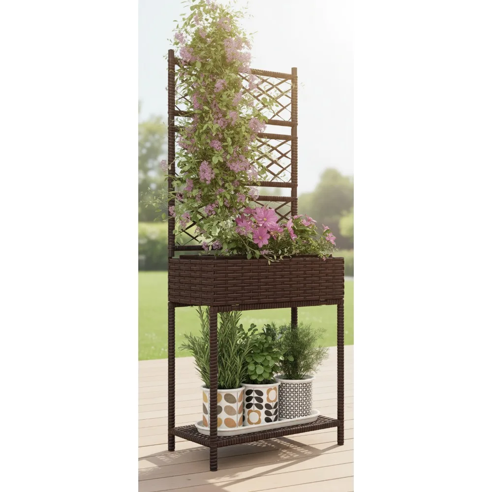 

Freestanding Rattan Planter with Trellis & Storage Shelf for Climbing Plants, Flowers, Herbs - Outdoor Garden Decor