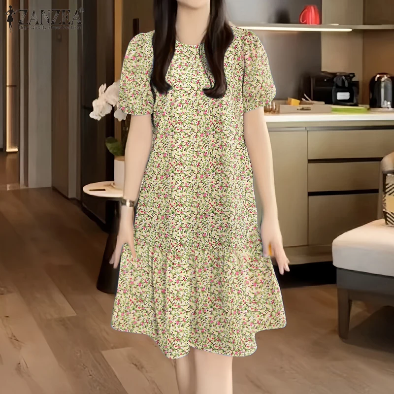 2026 ZANZEA Summer Floral Printed Dresses Women Elegant Casual Holiday Party Dress Stylish Short Sleeve Work Knee Length Robe