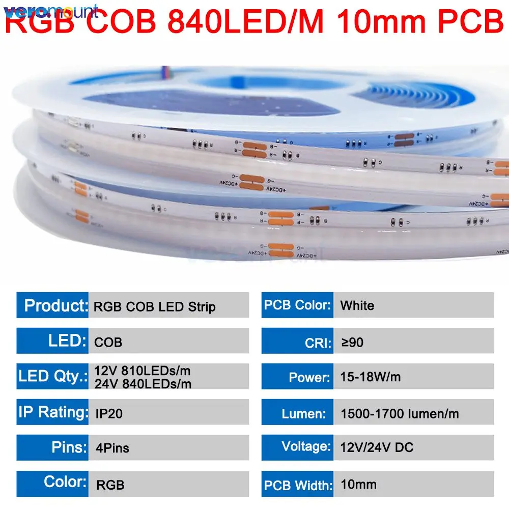 5m Flexible RGB COB LED Strip Light 12V 24V DC RA90 576 768 840 LEDs/m 4Pin 10mm PCB High Bright Colorful Linear LED Tape Bar