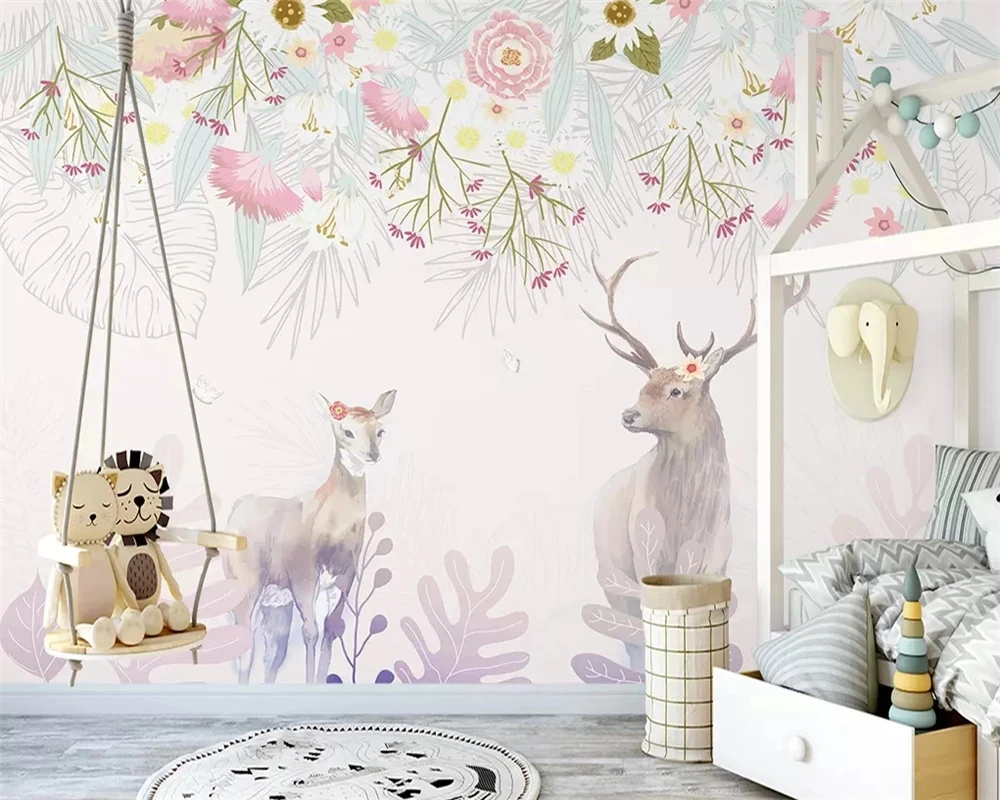 Customized fashion 3D wallpaper hand-painted Nordic elegant flower elk Mural deer animal Living room TV background wall bedroom