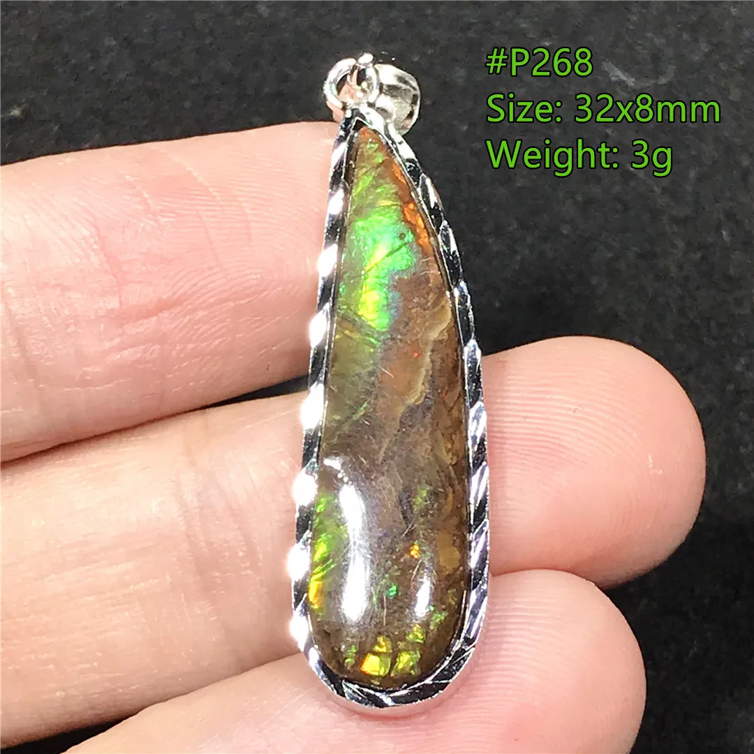 Natural Green Ammonite Ammolite Silver Necklace Pendant Jewelry For Woman Men Luck Rare Gift Crystal 32x8mm Beads Gemstone AAAAA