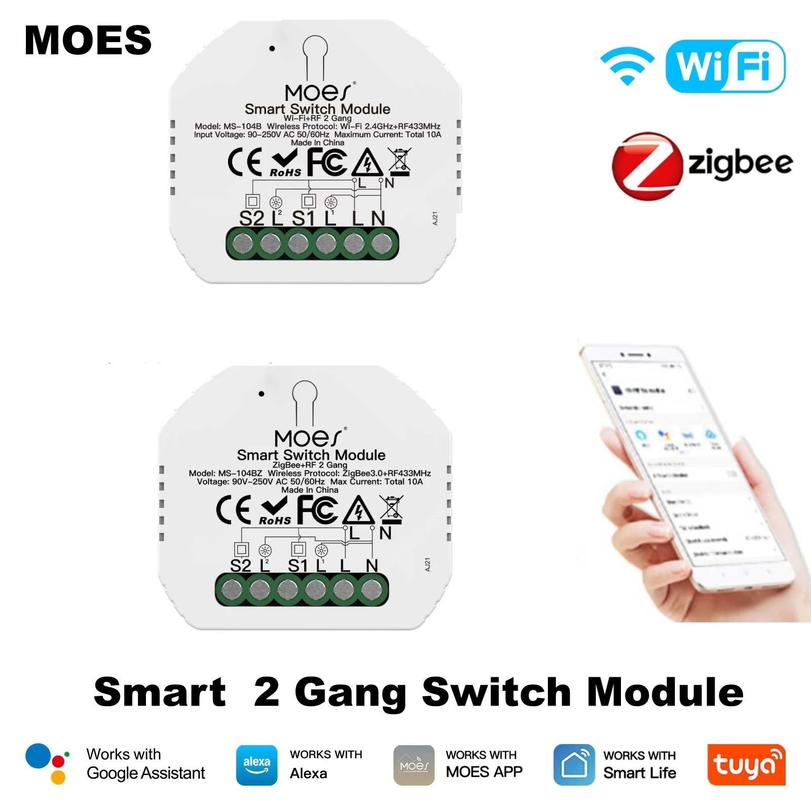 MOES Smart ZigBee WiFi 2 Gang Switch Module Light Mini Switch Smart Life App Remote Control Alexa Google Home Voice Control