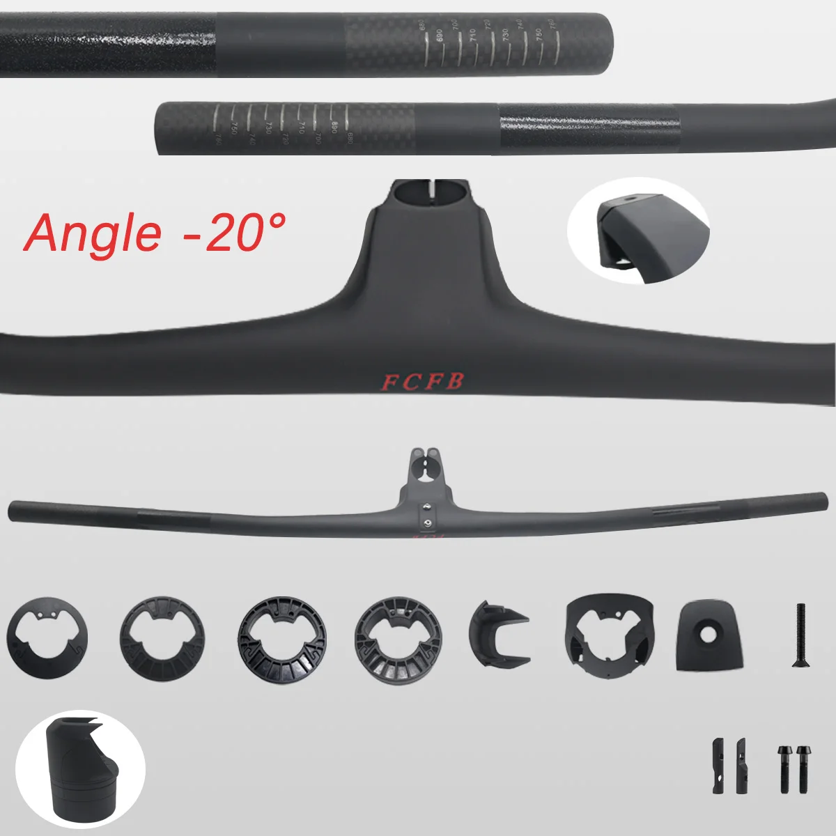 FCFB Race Handlebar with -20 Deg Stem Angle and 8 Deg Backsweep, Carbon Fiber XC Integrated Handlebar in Red, Semi-Int Cable