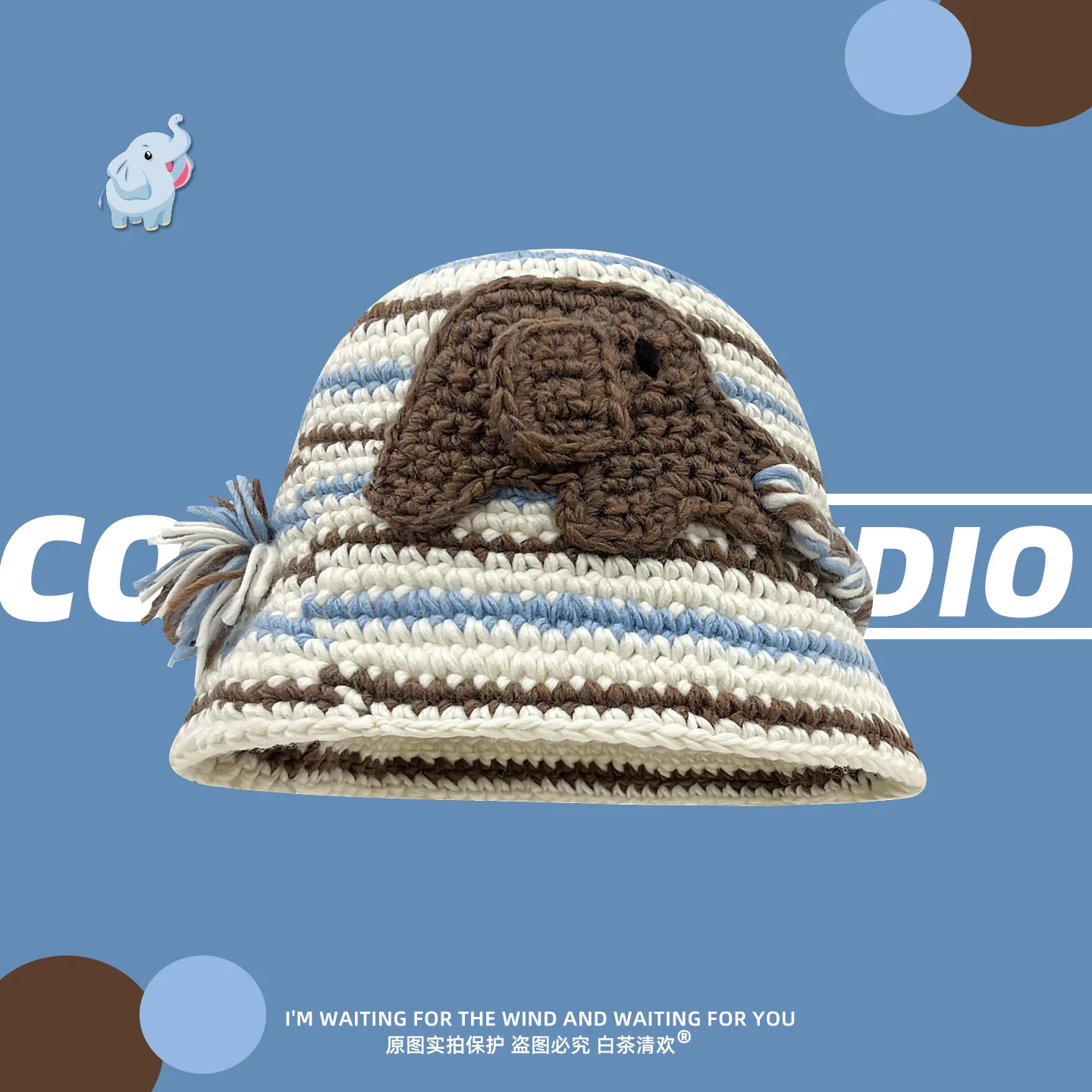 

Японская вязаная крючком вязаная панама в полоску со слоном для женщин, осенне-зимняя теплая шерстяная панама