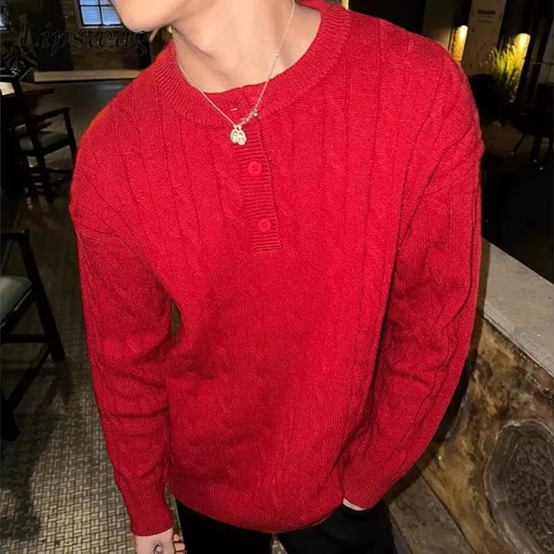 

Daily Casual Mens Long Sleeve O Neck Sweaters Spring Vintage Buttoned Solid Color Knit Pullover Tops Fashion Men Knitted Sweater