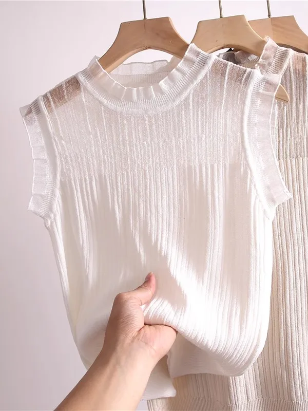 

Ретро-вязаный жилет из кружева для женщин, модный базовый слой, дышащий, облегающий, круглый вырез, летняя верхняя одежда, повседневный стиль