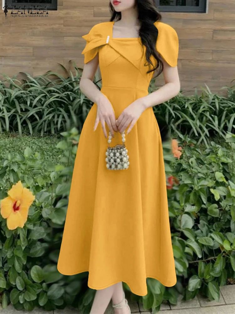 

ZANZEA Elegant Chic Women A-Line Dresses Summer Fashion Square Neck Short Sleeve High Waisted Midi Robes Femme Office Vestidos