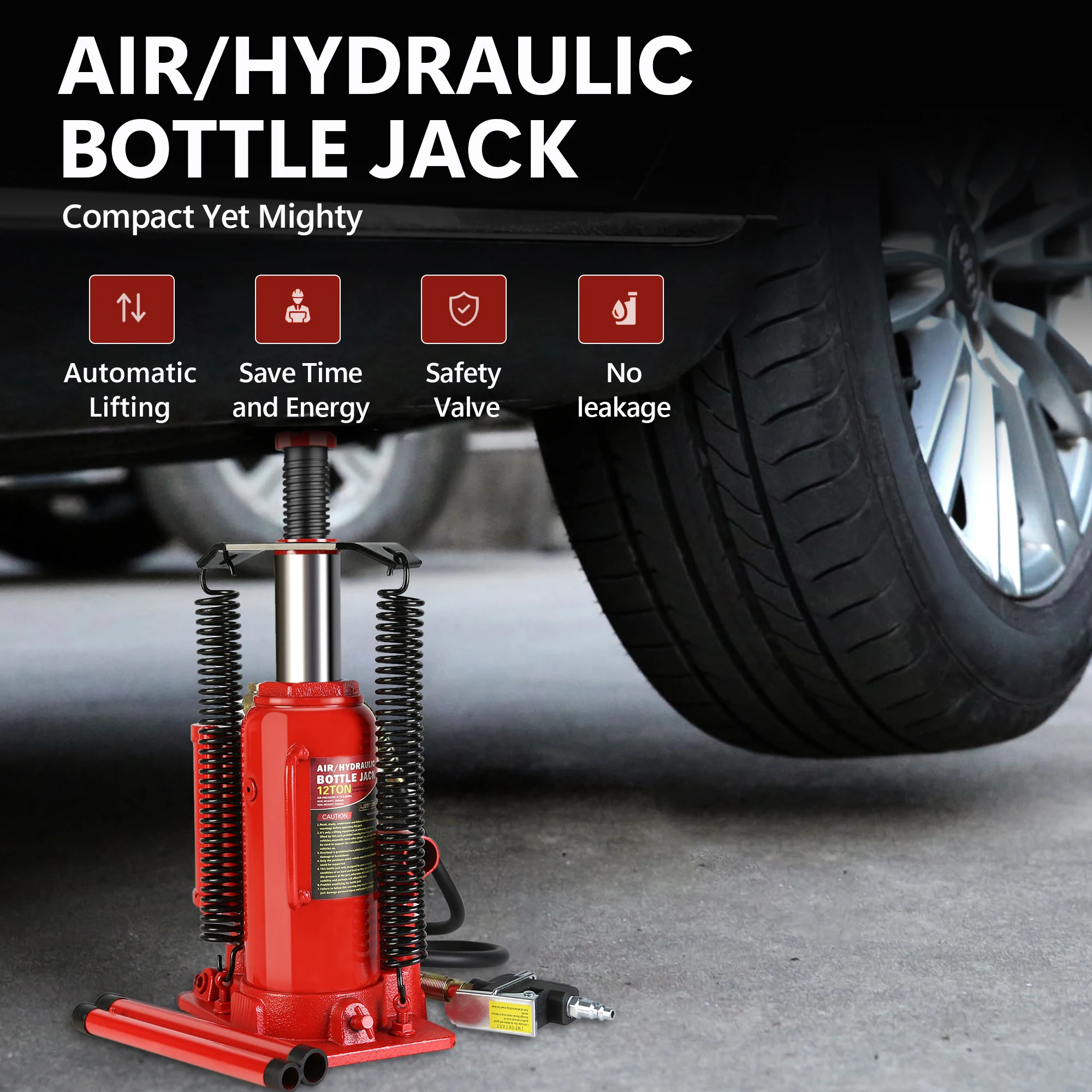 Air Hydraulic Bottle Jack, 12 Ton All Welded Bottle Jack, 10.2-20.1 inch Lifting Range, with 2-Section Long Handle