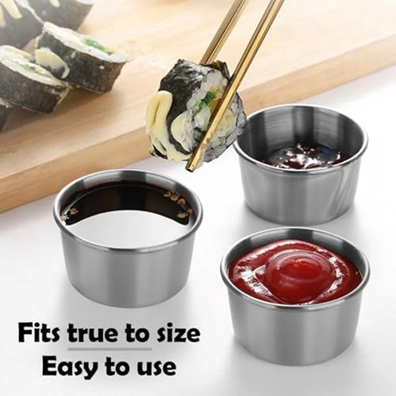 6Pcs 2 Oz Stainless Steel Dipping Sauce Cup, Mini Dip Bowls, Reusable Metal Condiment Cups Ramekins Containers