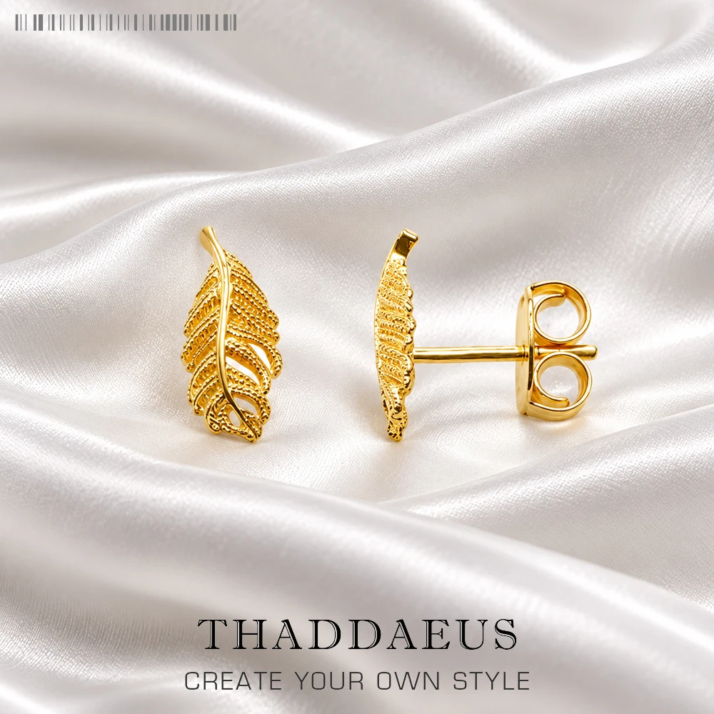 Gold Platrd Stud Earrings Feather Europe Style Fine Jewerly For Women Vintage Handcrafted Gift In Real 925 Sterling Silver