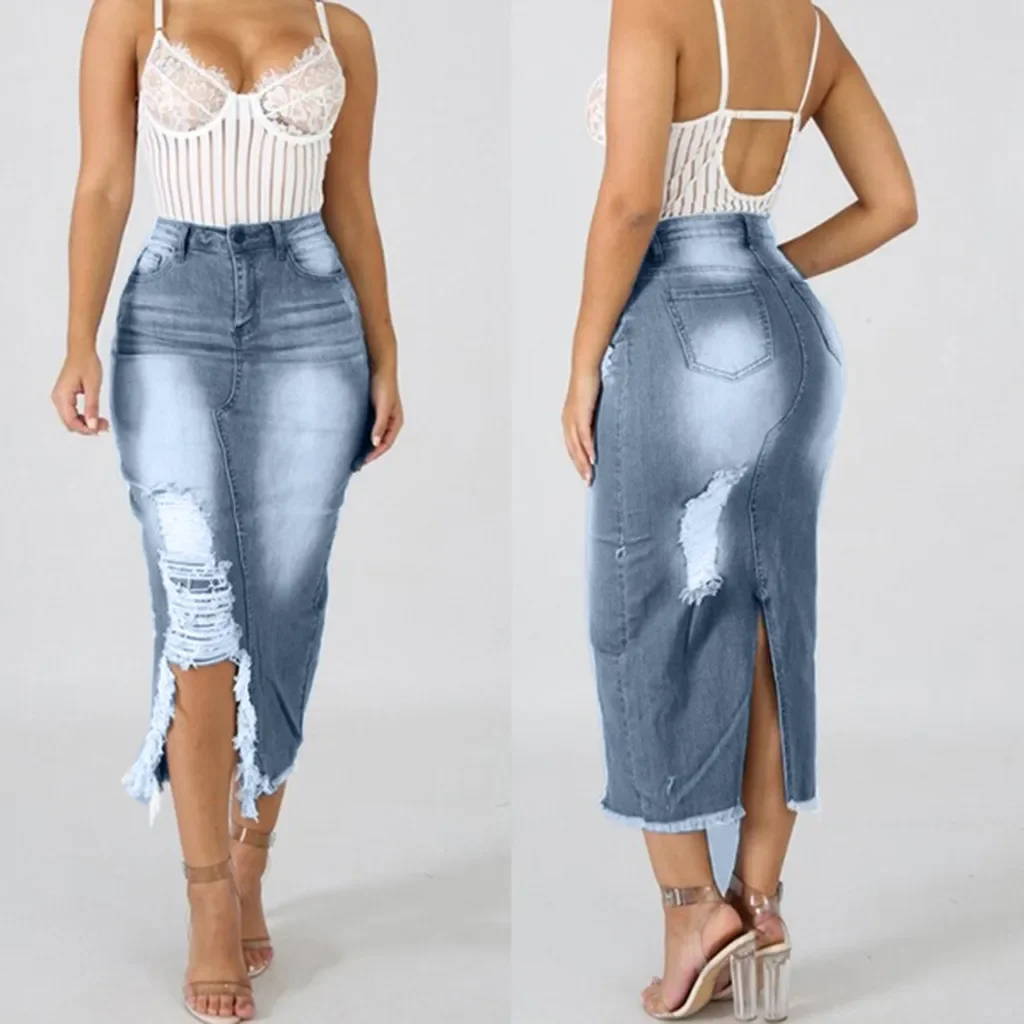 

Ripped Destroyed Denim Skirts Women High Waist Slim Fit Bodycon Hips Pencil Long Skirt Elegant Plus Size S-5XL Faldas Mujer Moda