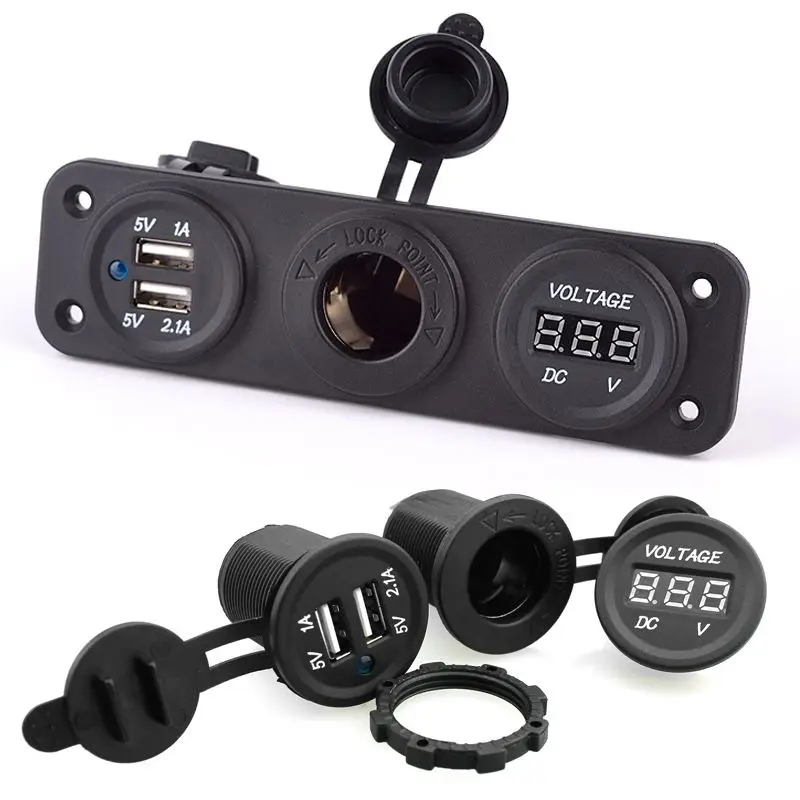 

Автомобильное зарядное устройство с двумя USB-портами 12В/24В, разъемом для прикуривателя и цифровым вольтметром, подходит для квадроциклов, судов и грузовиков.