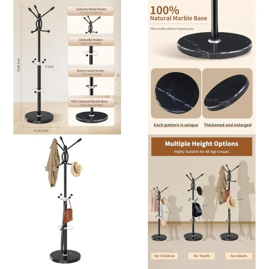 

Metal Coat Rack with Natural Marble Base, Coat Rack Stand with 12 Hooks and Umbrella Holder, Black Modern Freestanging Coat Rac