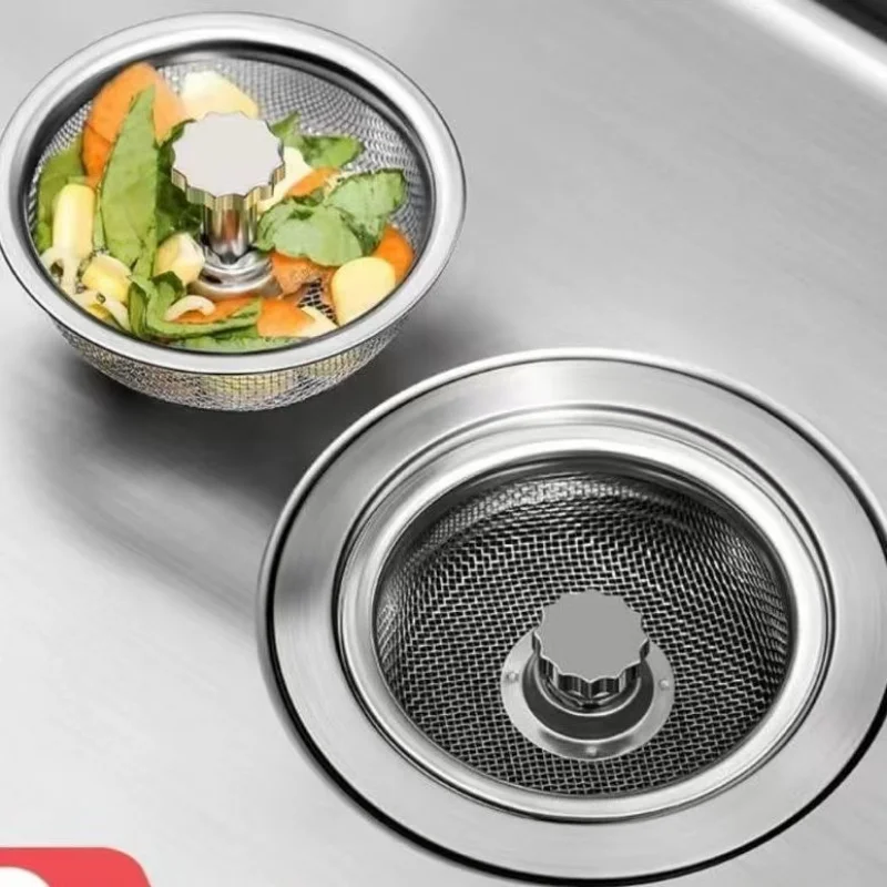 Kitchen Sink Strainer with Handle & Stopper Replacement Sink Drain Basket Stainless Steel Mesh Filter Strainers Waste Hole Trap