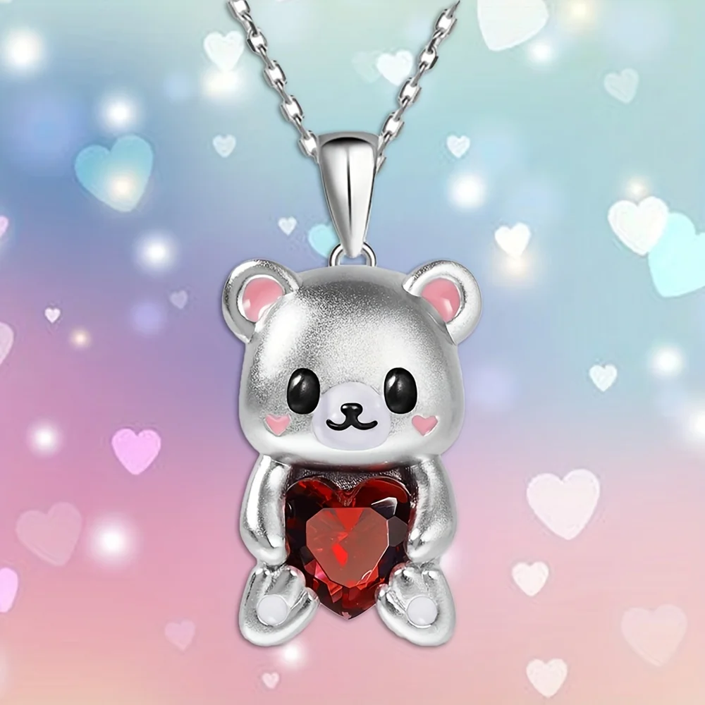 Beautiful Fashion Bear Hugs Heart Shape Crystal Pendant Necklace Charm Jewelry Women Necklace Perfect Gift for Girls Women