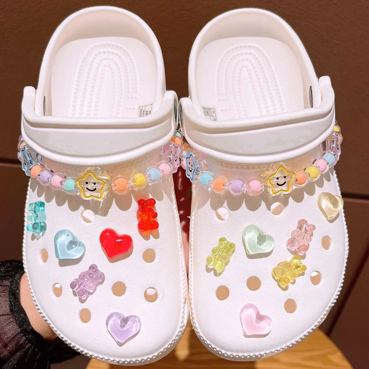 MINISO Delicate Colorful Beads Chain Shoe Charms Set Cute Cartoon Bear Heart Decorations for Clogs & Sandals For Sweet Girls