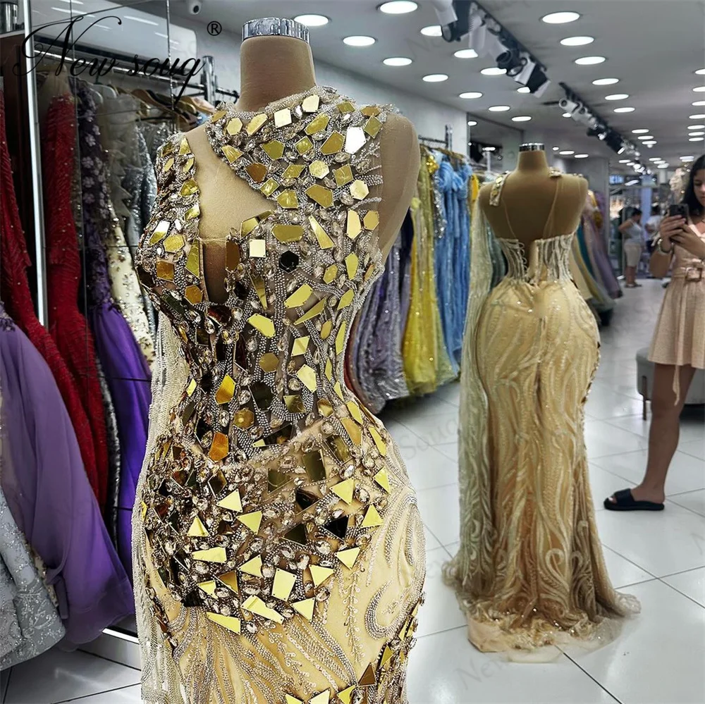 African Gold Sequins Evening Dresses Elegant Arabic Dubai Beading Prom Dress Cape Sleeves Crystals Wedding Party Gowns For Women