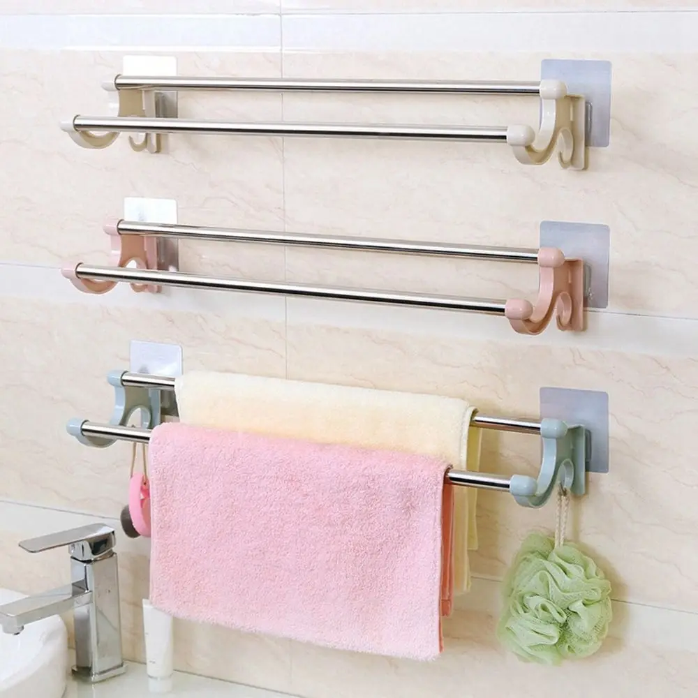 Stainless Steel Double Rod Towel Bar Punch-free Wall Mounted Traceless Towel Rack Space Saving Towel Storage Shelf Kitchen