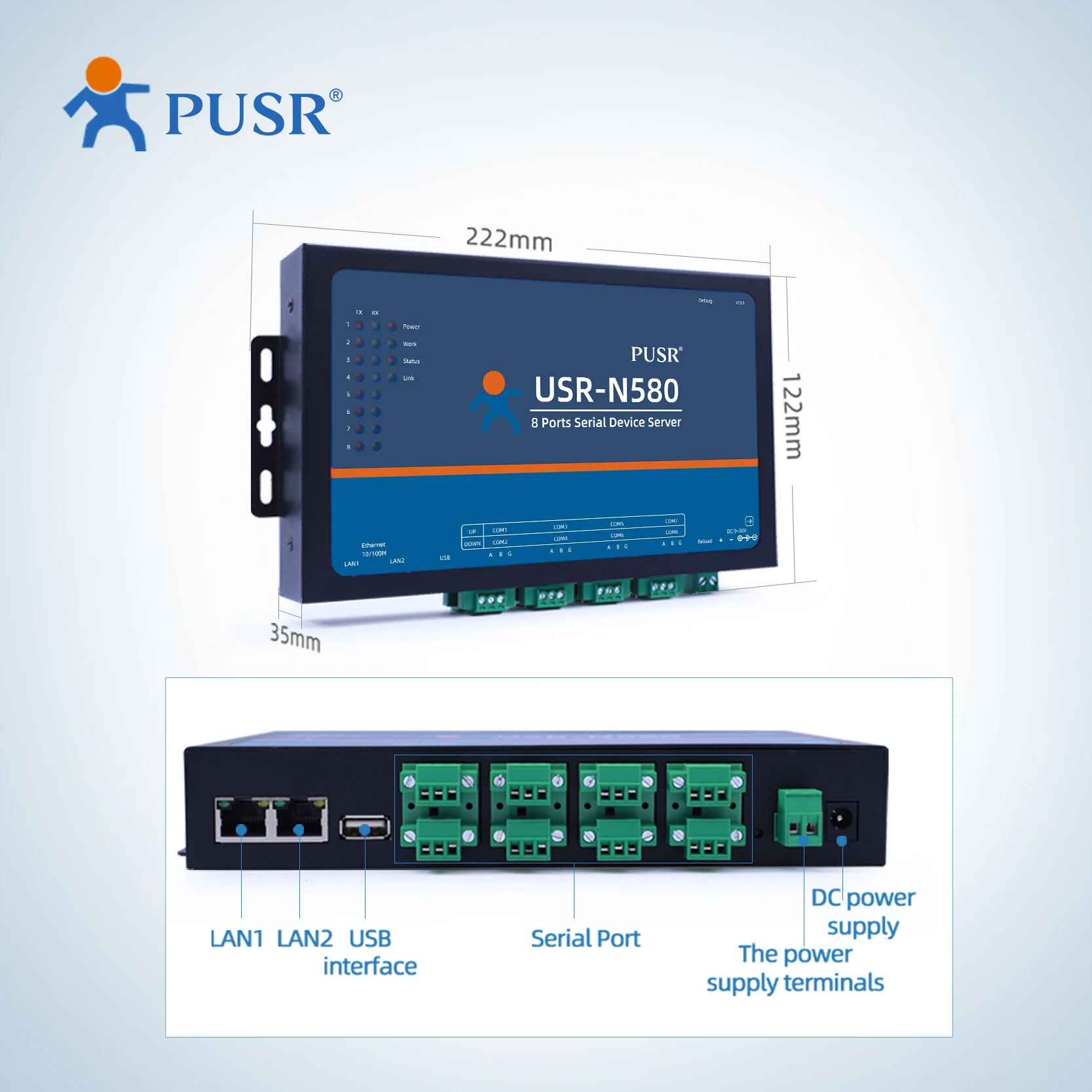 PUSR 8 منافذ RS485 إلى محول إيثرنت خادم الجهاز التسلسلي MQTT Modbus بوابة دعم SSL / TLS حافة الحوسبة USR-N580