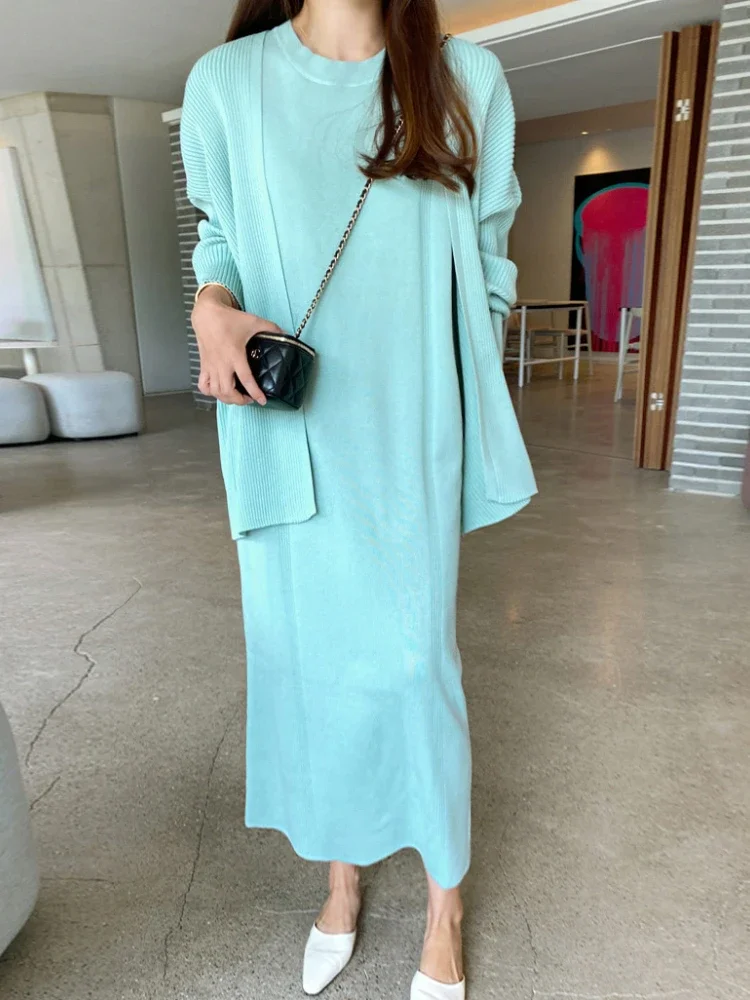 New Elegant Knitted Dress Sets Women Korean Fashion Long Sleeve Cardigan Shawl + Short Sleeve Long Dresses Two Piece Set Outfits