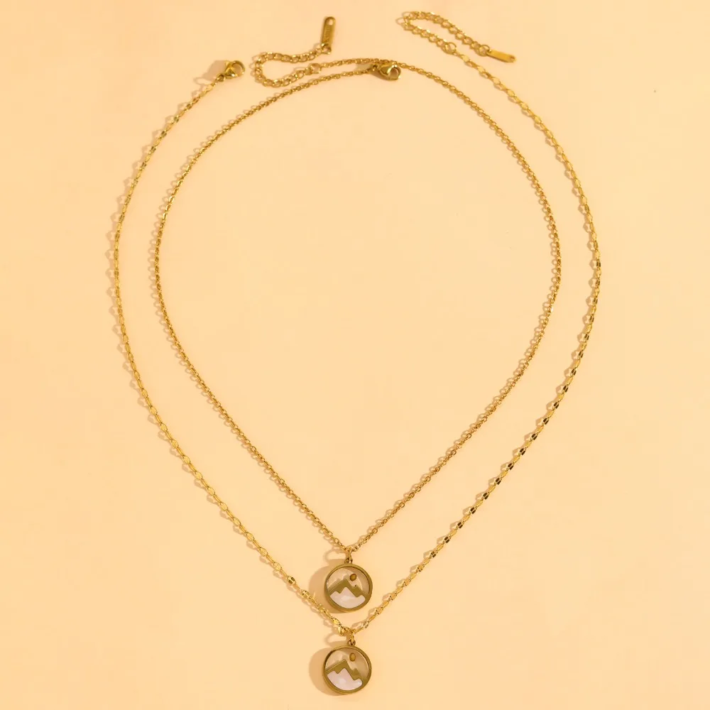 Stainless Steel Gold Tone Mountain Sunrise White Mother‑of‑Pearl Round Pendant Necklace Bracelet Set for Women Jewelry Colorfast