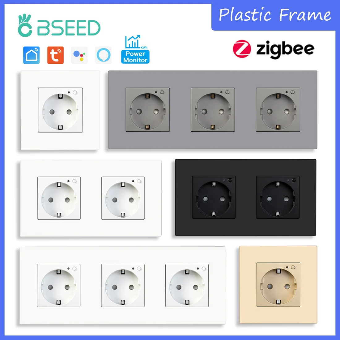 BSEED Zigbee Single EU Wall Socket Double Smart Power Sockets Triple Electric Outlets Power Monitor Tuya Smat Life Plastic Frame