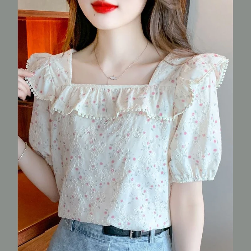 Sweet Square Collar Ruffles Printed Puff Sleeve Blouses Female Clothing 2024 Summer New Loose All-match Tops Chic Chiffon Shirts