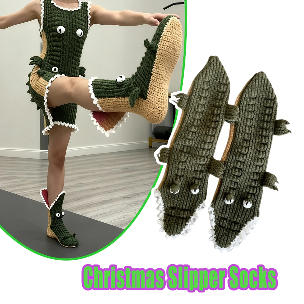 

Новые тапочки с животным принтом, рождественские вязаные носки из крокодиловой кожи с большими глазами, домашний пол, шерстяная пряжа до середины икры для мужчин и женщин, удобная теплая