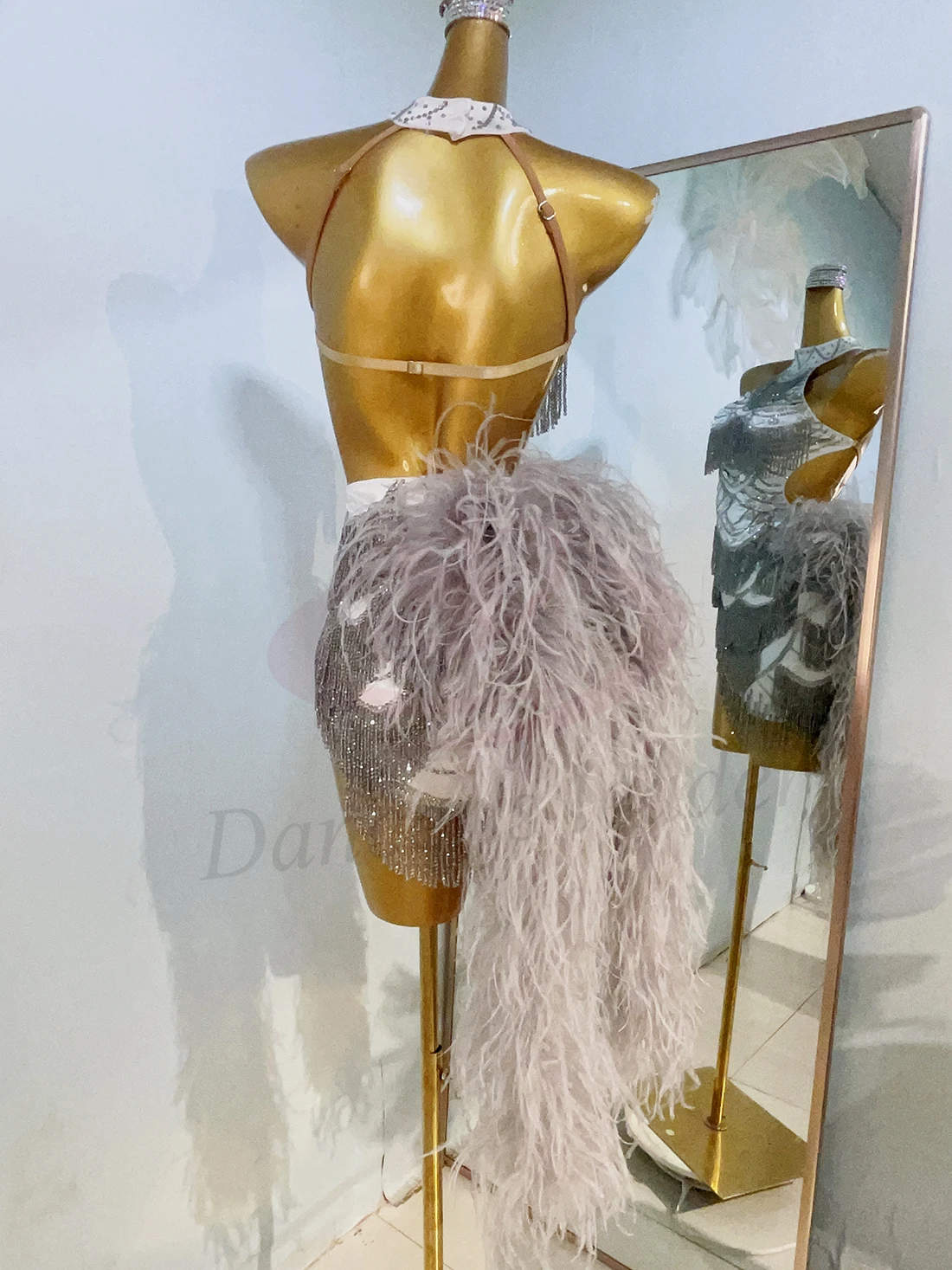 Latin Dance Dress High-end Custom Silver Bead Tube Tassel Velvet Tail Tango Female Adult Stage Professional Clothing